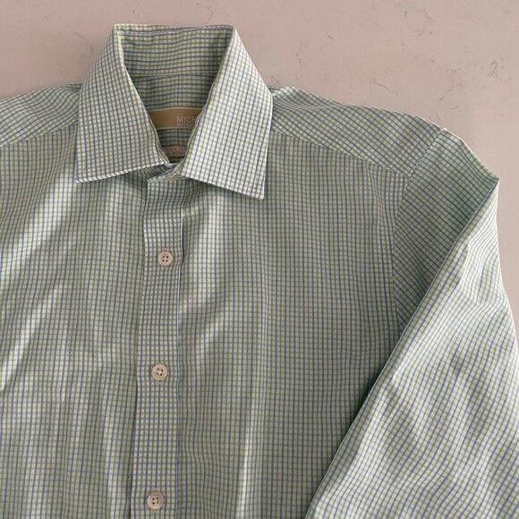 Michael Kors LS Non Iron Button Down Cotton Check Shirt Wht Blue Grn Sz 14.5 - Picture 7 of 15